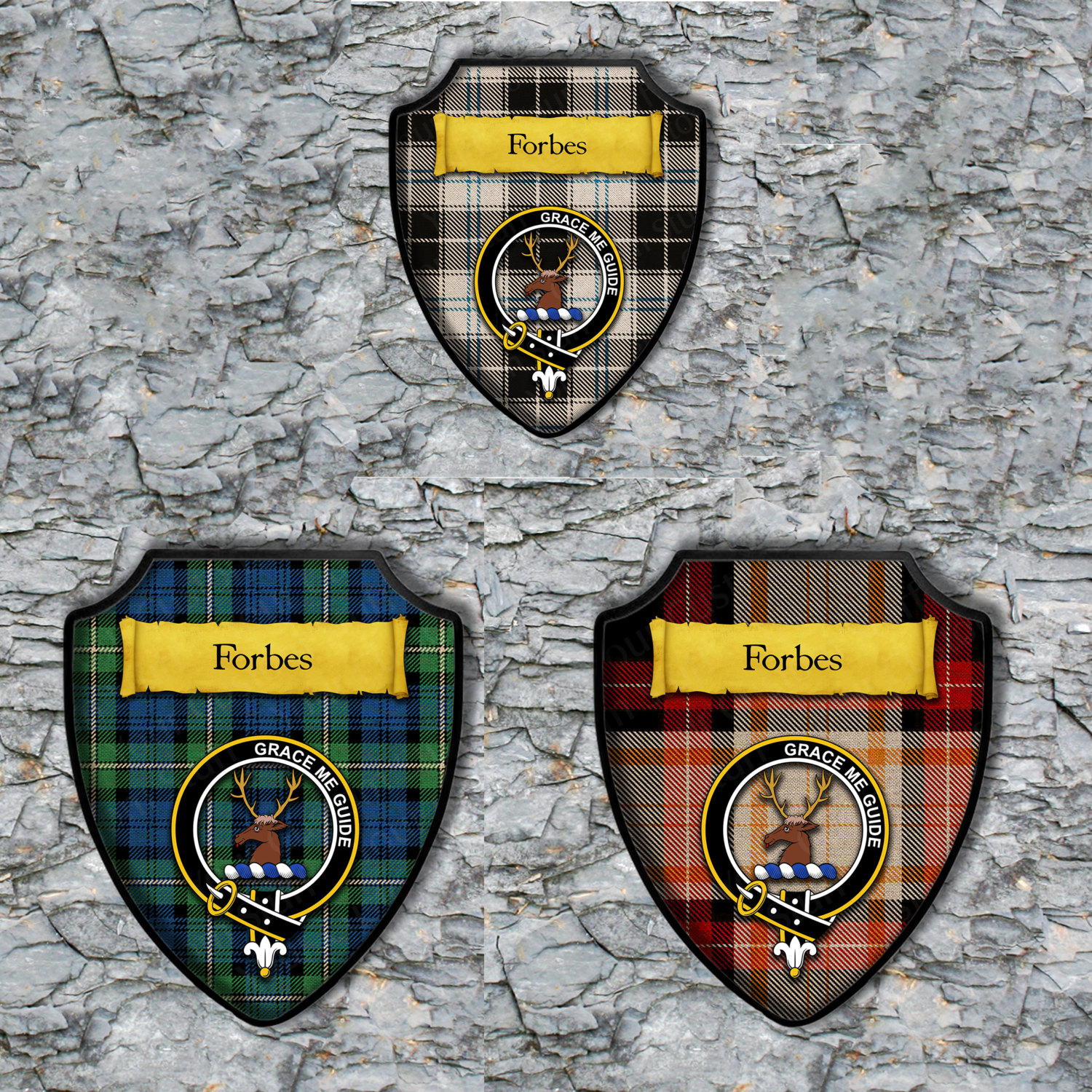 Forbes Shield Plaque With Scottish Clan Coat Of Arms Badge On Clan Plaid Tartan Background Wall 0126