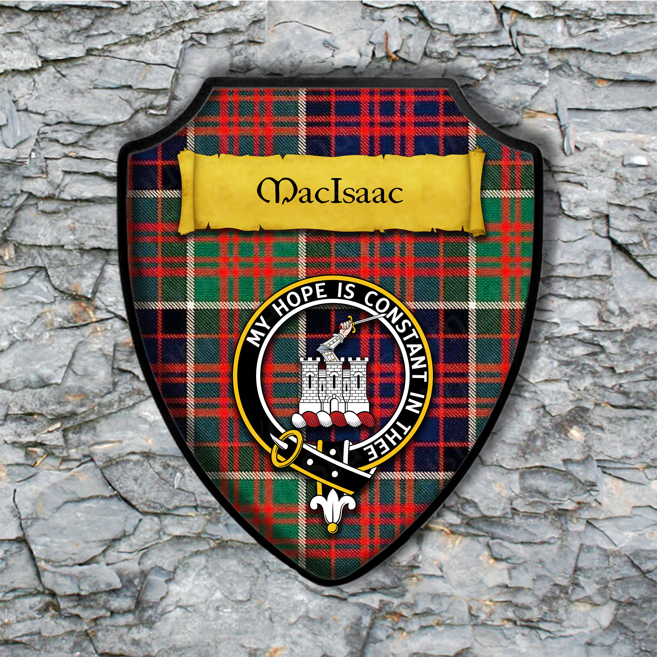 Macisaac Shield Plaque With Scottish Clan Coat Of Arms Badge On Clan Plaid Tartan Background 2398