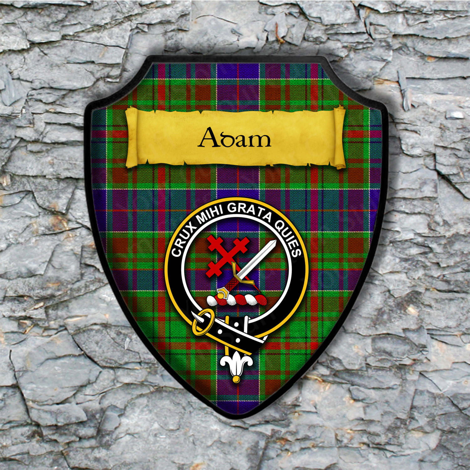 Adam Or Adams Shield Plaque With Scottish Clan Coat Of Arms Badge On Clan Plaid Tartan 2355