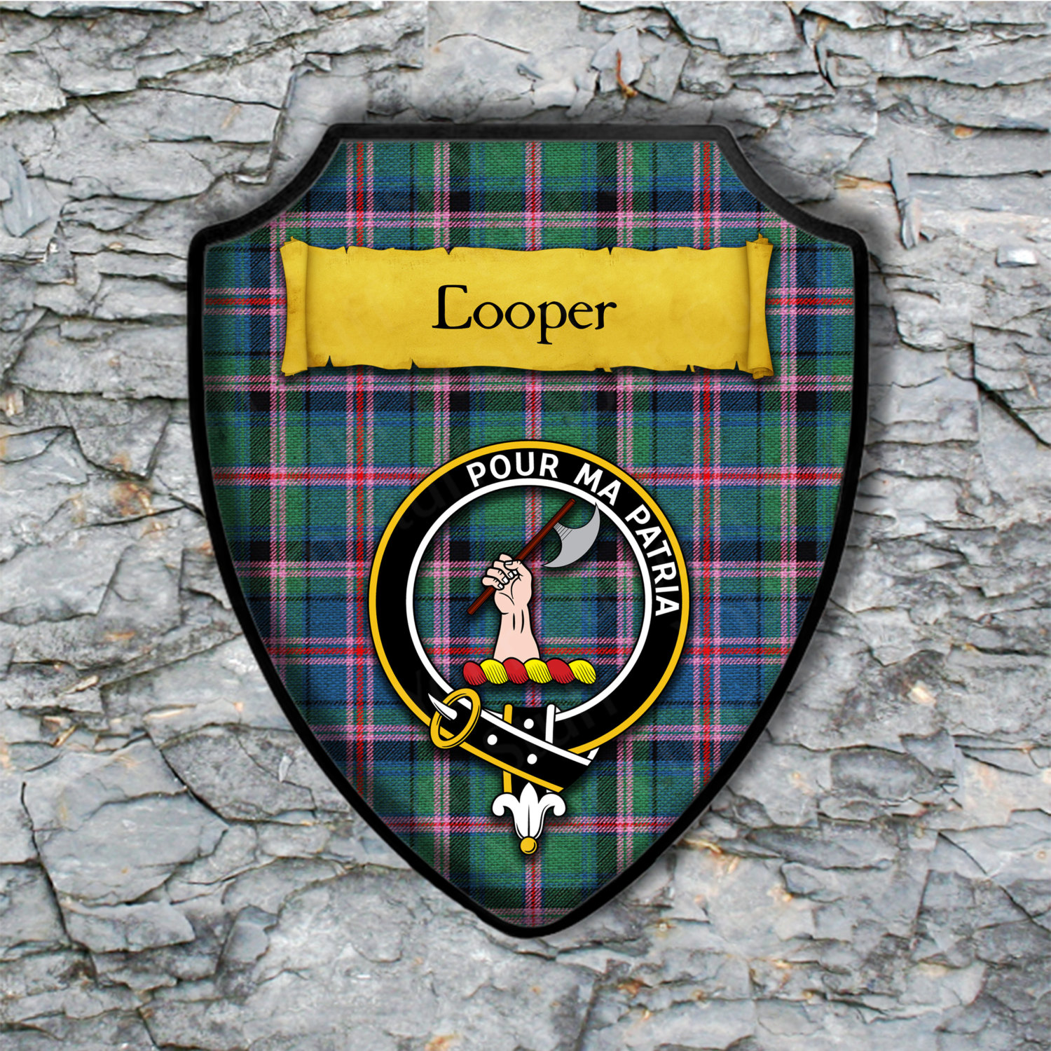 Cooper Shield Plaque with Scottish Clan Coat of Arms Badge on Clan