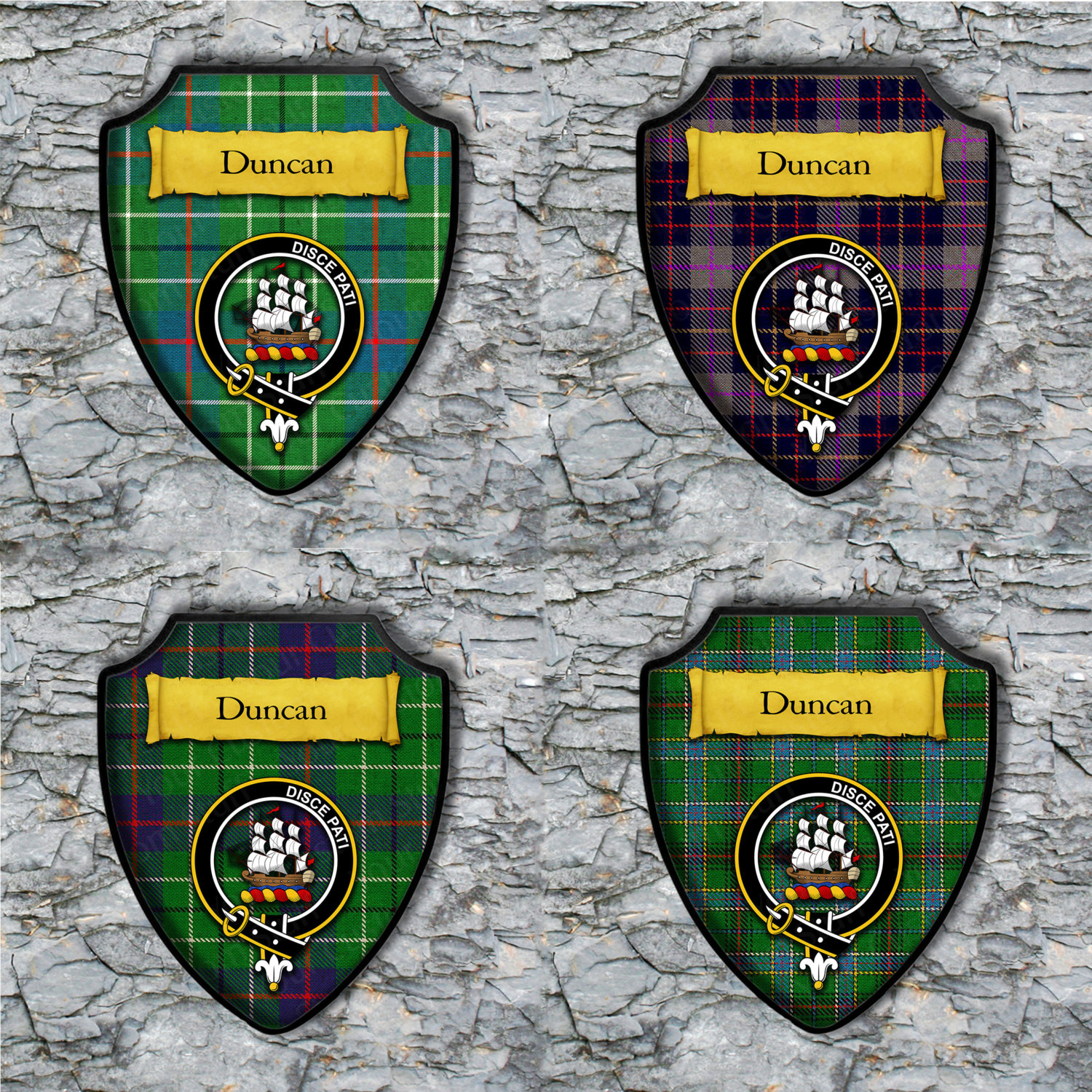 Duncan Shield Plaque With Scottish Clan Coat Of Arms Badge On Clan Plaid Tartan Background Wall Art Your Custom Stuff