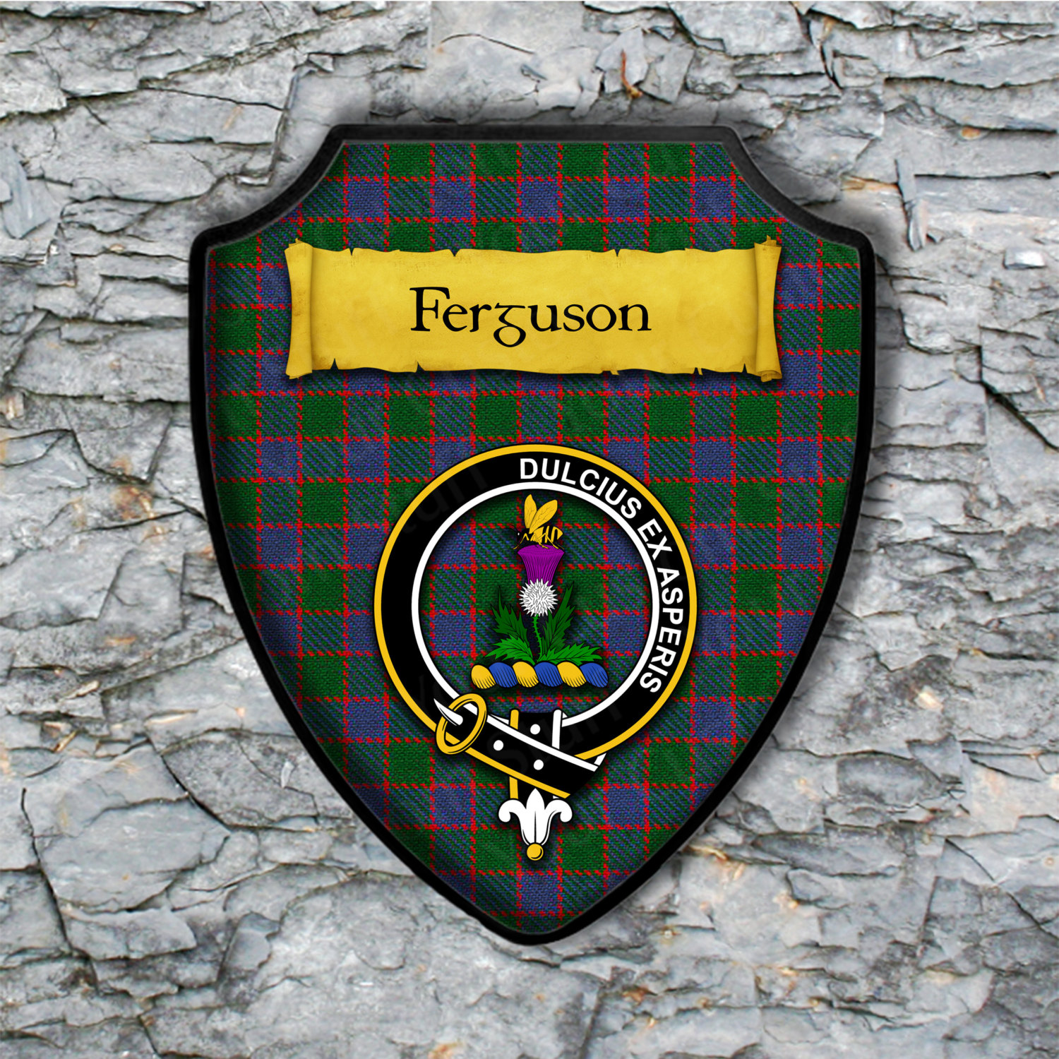 Ferguson Shield Plaque With Scottish Clan Coat Of Arms Badge On Clan Plaid Tartan Background 