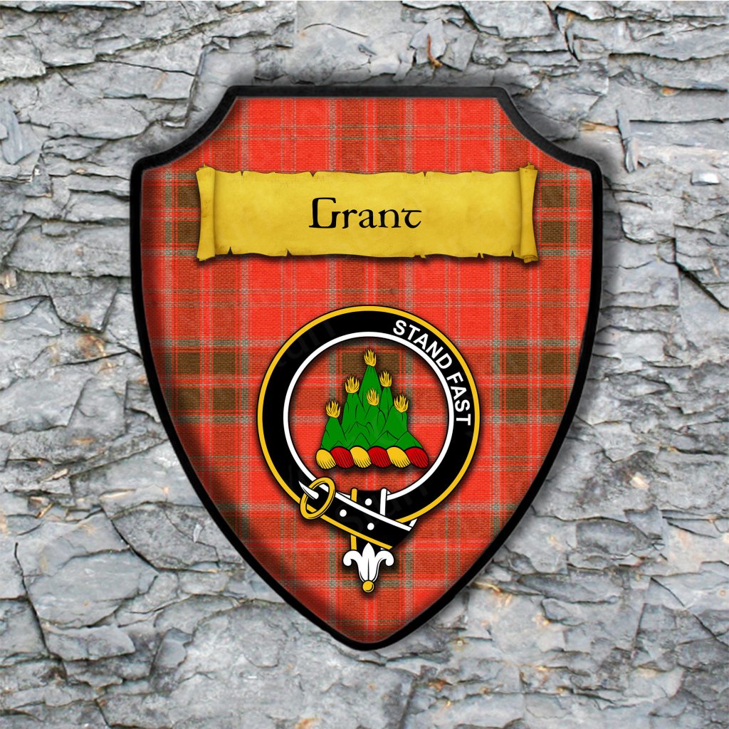 Grant Shield Plaque with Scottish Clan Coat of Arms Badge on Clan Plaid