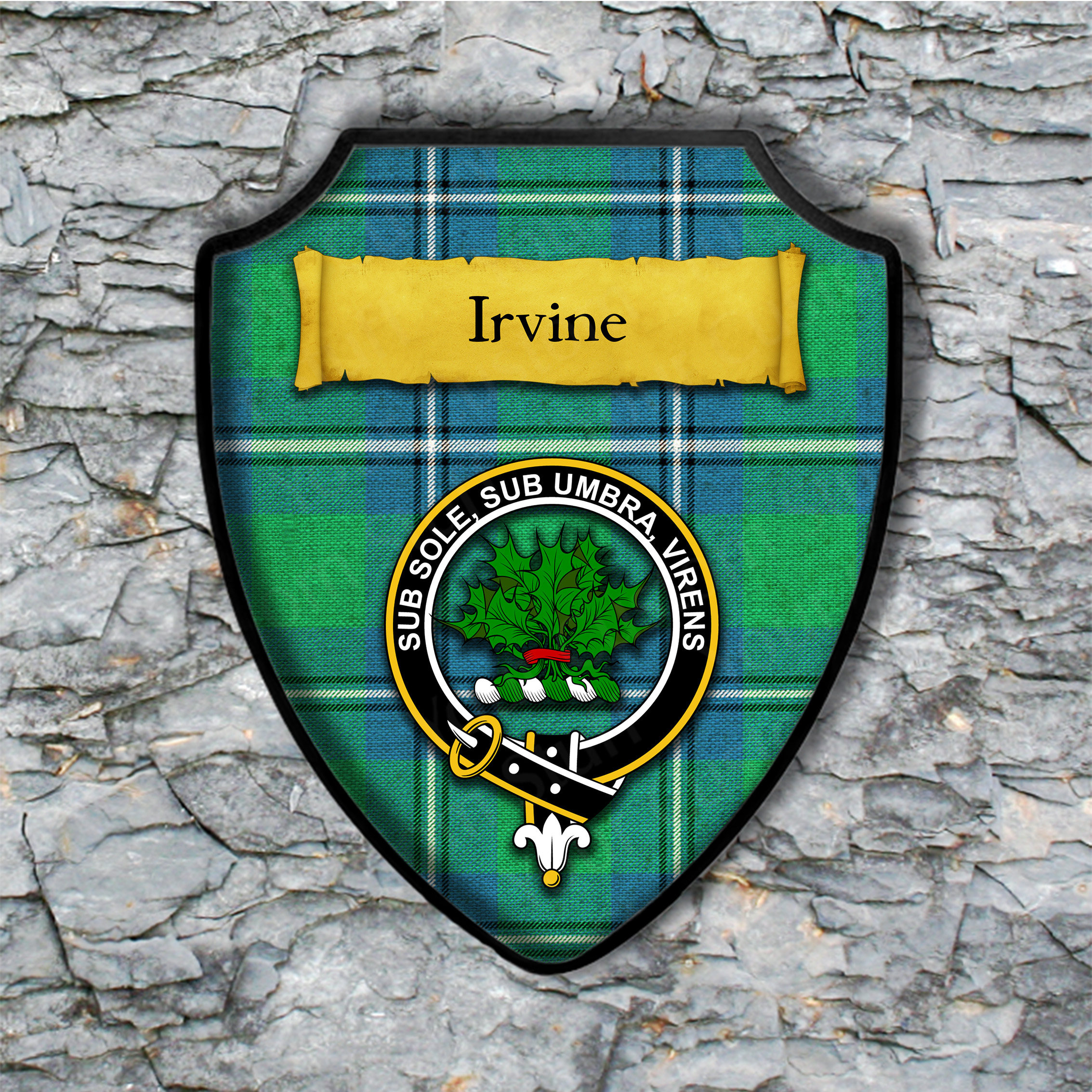 Irvine or Irving Shield Plaque with Scottish Clan Coat of Arms Badge on