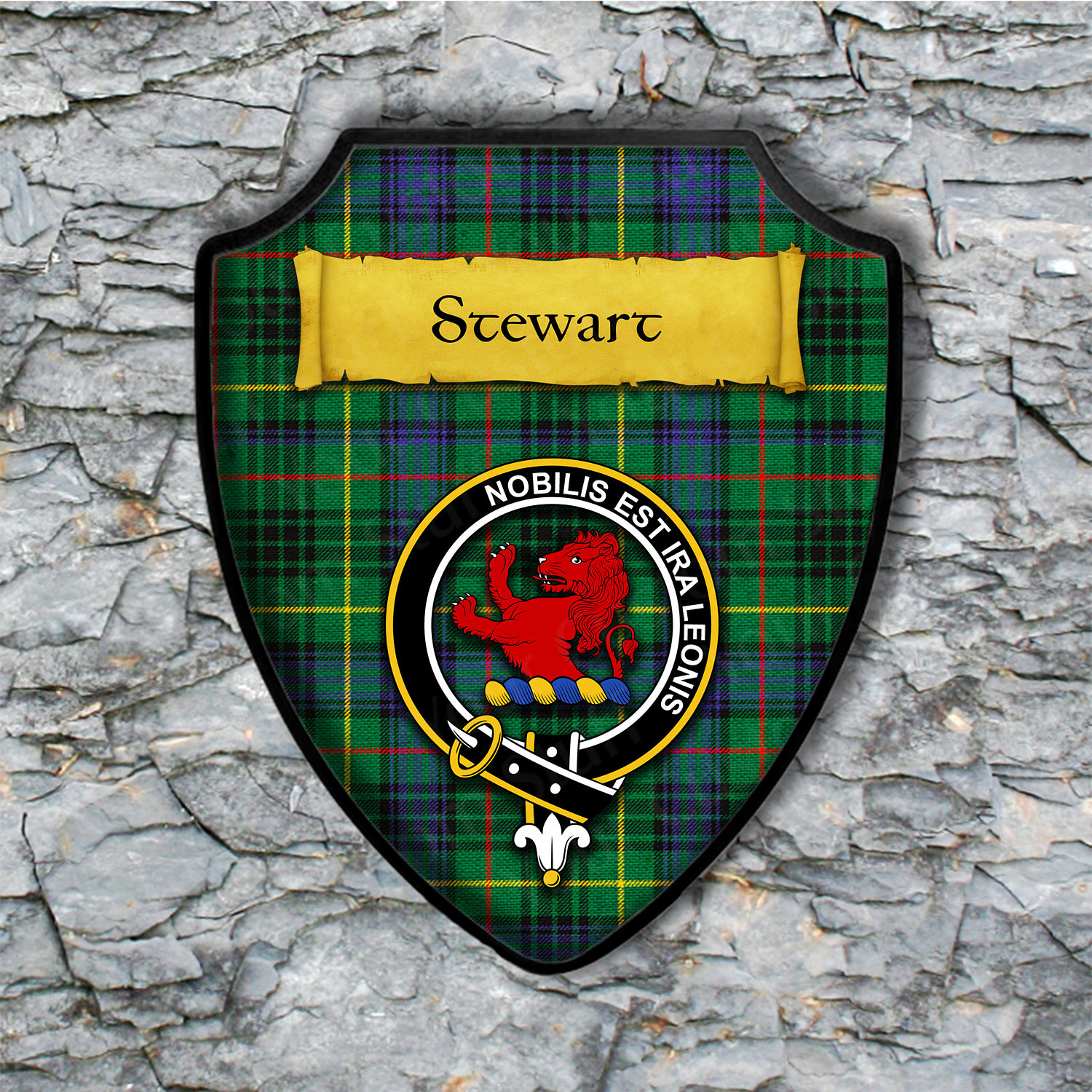 Stewart or Stuart Shield Plaque with Scottish Clan Coat of Arms Badge