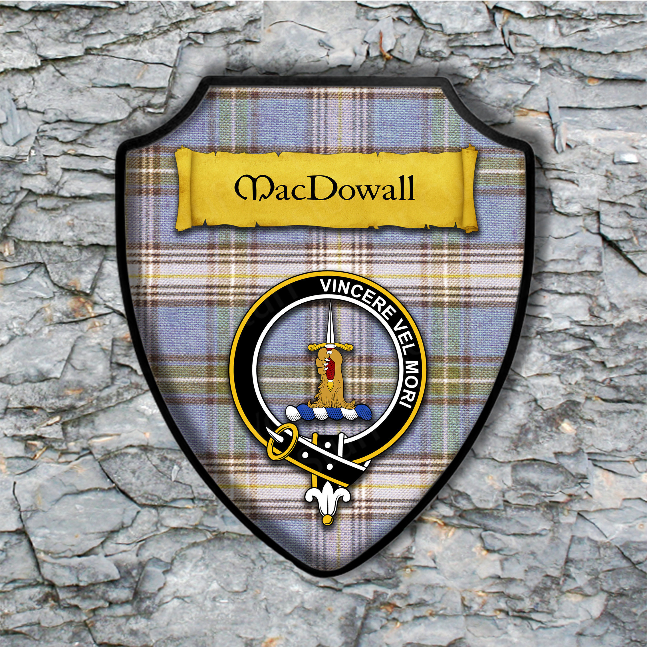 Macdowall Shield Plaque With Scottish Clan Coat Of Arms Badge On Clan Plaid Tartan Background 3359