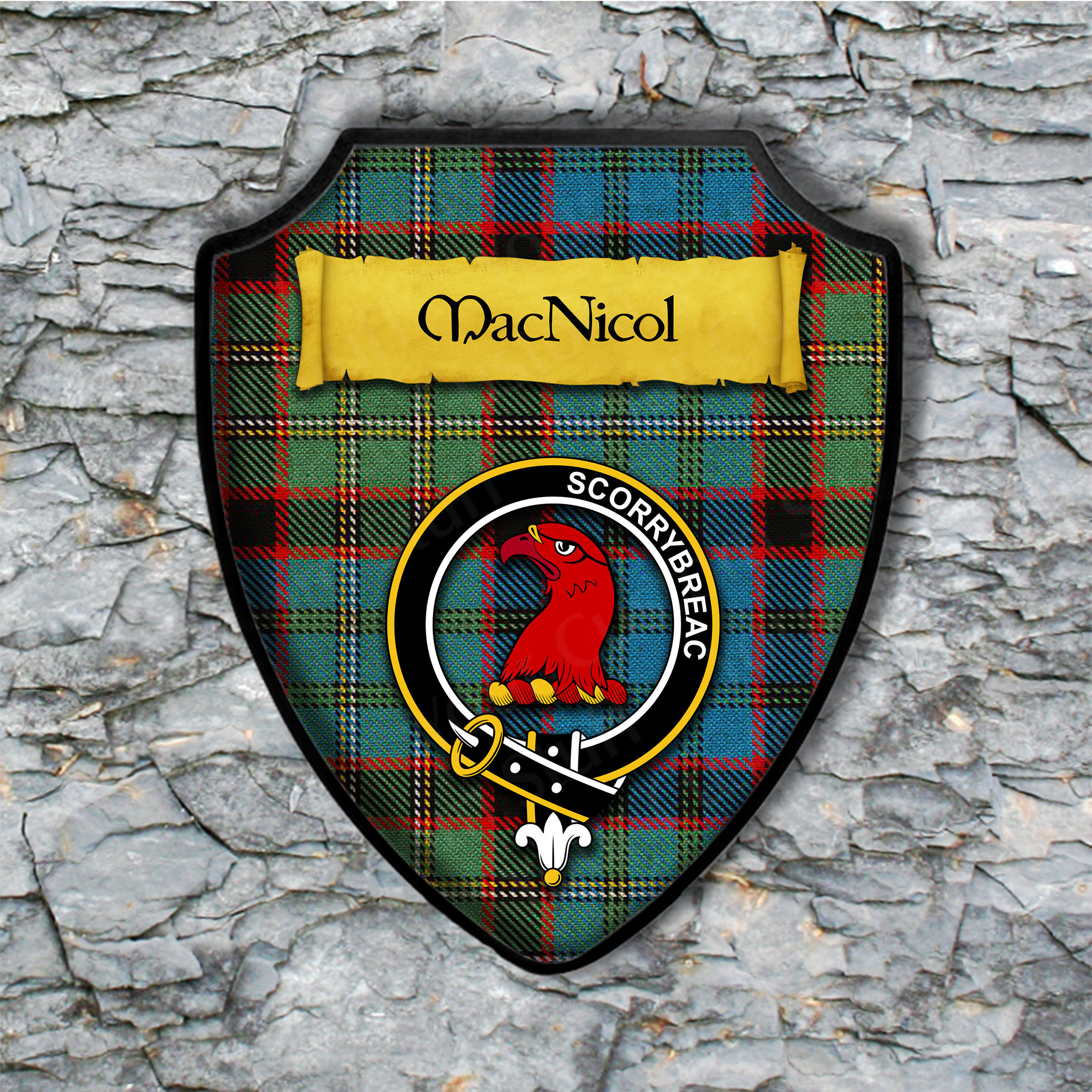 Macnicol Or Macneacail Shield Plaque With Scottish Clan Coat Of Arms Badge On Clan Plaid Tartan 8855